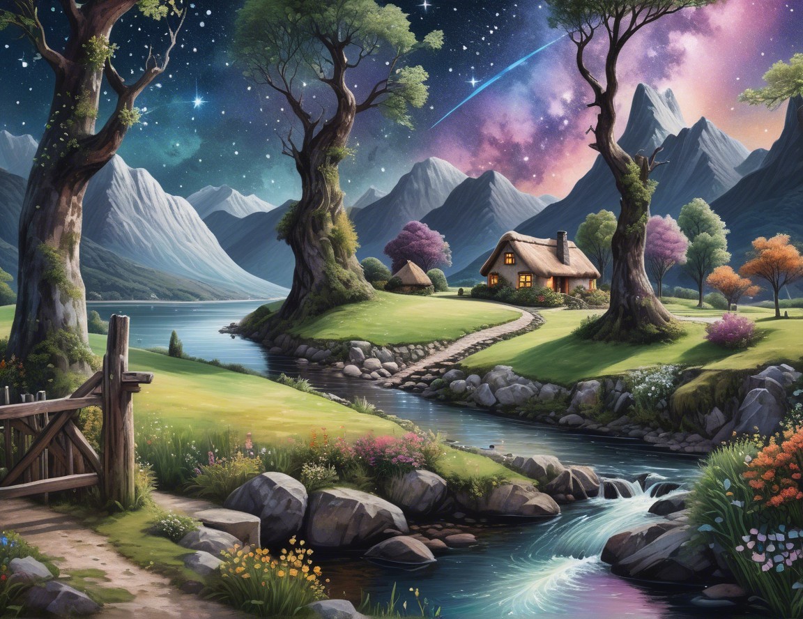Serene Landscape with Cottage and Majestic Mountains