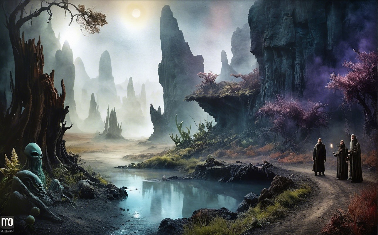 Surreal Landscape with Cloaked Figures and Alien Life