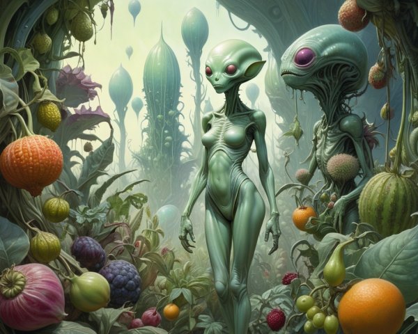 Lush Fantastical Garden with Alien Figures and Plants