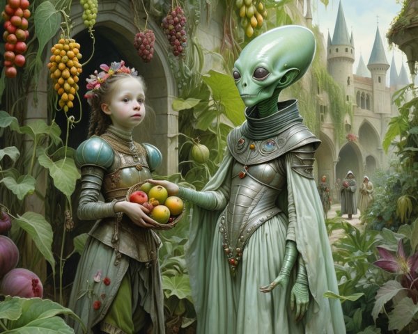 Enchanted garden with a girl and an alien figure