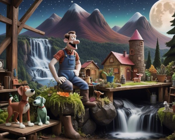 Cheerful man by colorful cottage in whimsical landscape