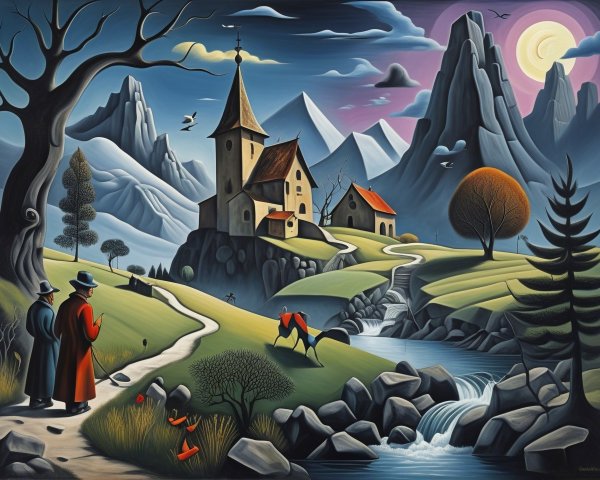 Whimsical Mountain Landscape with Vibrant Village Scene