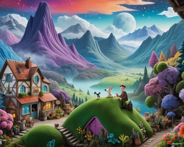 Whimsical Landscape with Man, Dog, and Serene Lake