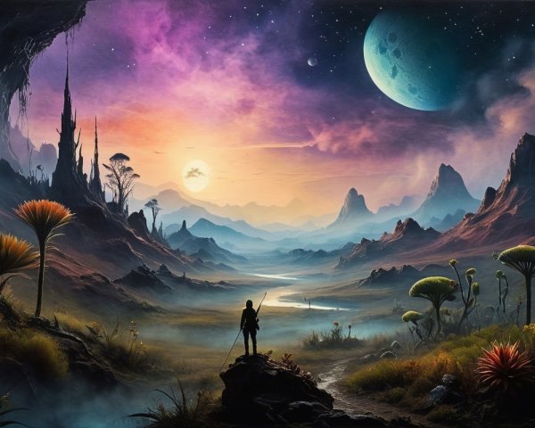 Alien Landscape with Sunset, Moons, and Unique Flora