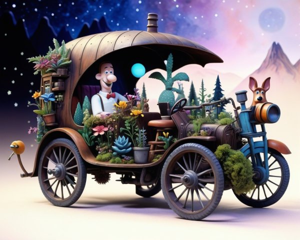 Vintage-style vehicle with plants and whimsical character