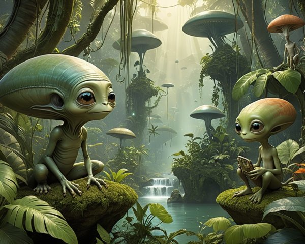 Whimsical Aliens in a Vibrant Jungle Setting