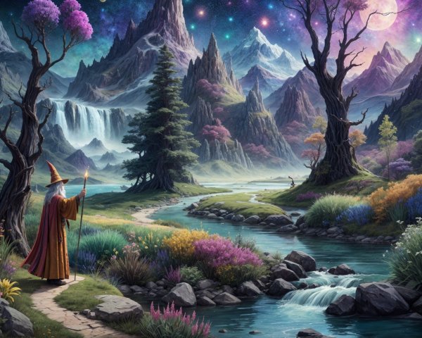Mystical Landscape with Wizard by Tranquil River