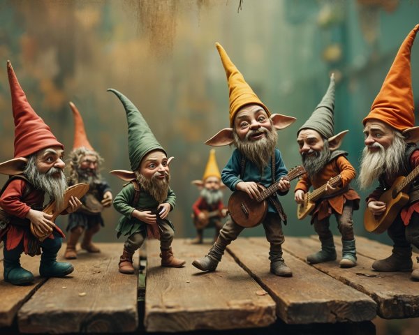 Lively Gnomes on Stage in Enchanting Forest Scene