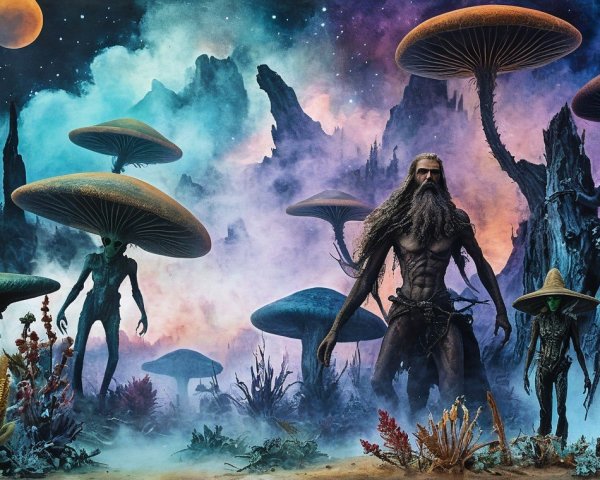 Surreal Alien Landscape with Colorful Mushrooms