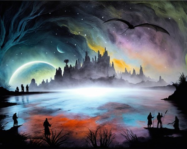 Surreal Landscape with Vibrant Lake and Mountains