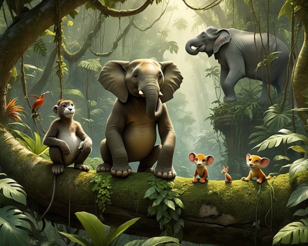 Wildlife Gathering in a Lush Jungle Setting