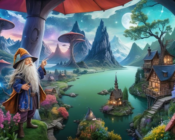 Fantasy Landscape with Wizard and Shimmering Lake