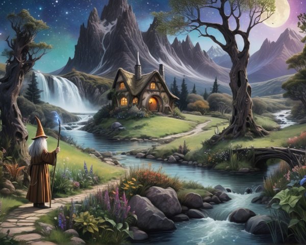 Serene Fantasy Landscape with Cottage and Wizard