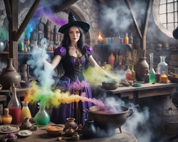Young witch brewing potions in a dim apothecary