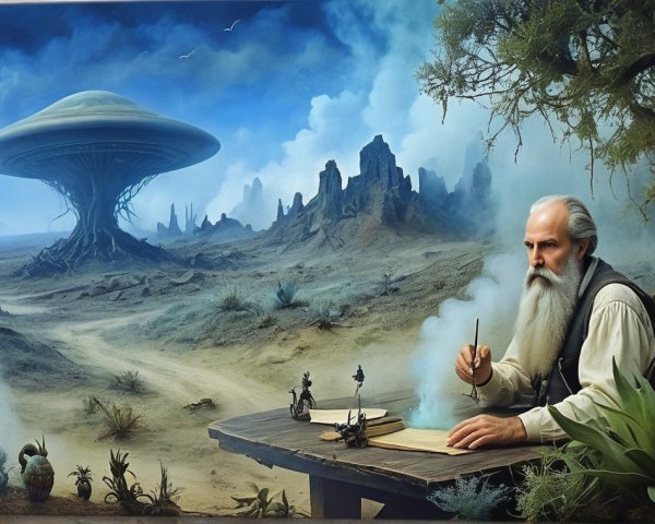 Surreal Landscape with Elderly Man and UFO