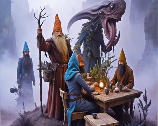 Gnomes in Colorful Hats at a Magical Meeting Scene