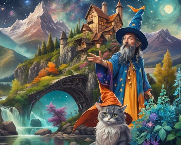 Wizard in Blue Robe with Cat Near Enchanted Castle