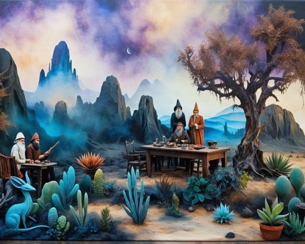 Surreal Desert Dining Scene with Gnome-Like Figures