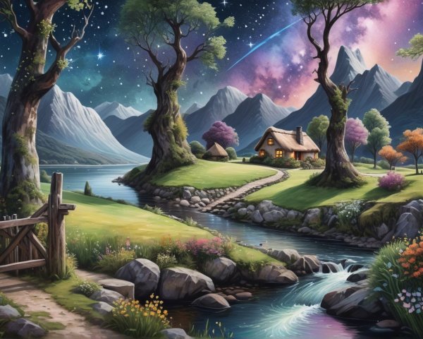 Serene Landscape with Cottage and Majestic Mountains