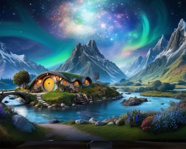 Cozy Hobbit Home by Serene River and Mountains