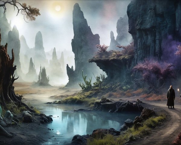 Surreal Landscape with Cloaked Figures and Alien Life