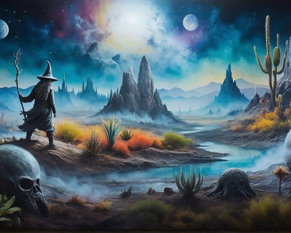 Mystical Landscape with Mountains and Starry Sky