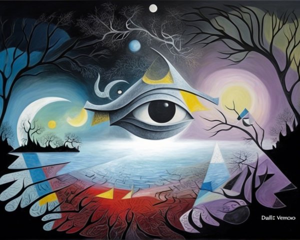 Surrealist Oil Painting Featuring Central Eye and Landscape