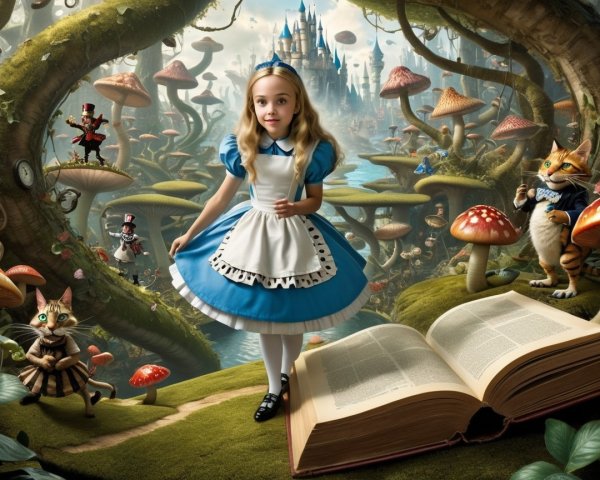 Whimsical Landscape with Alice and Fantasy Creatures