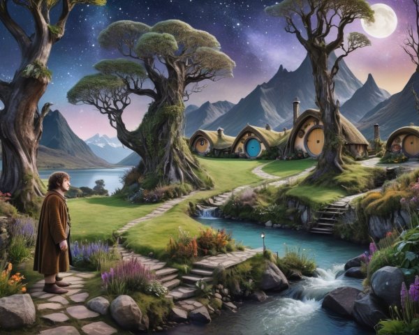 Tranquil Fantasy Landscape with Hobbit Homes and Stream