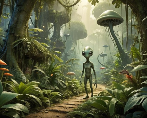 Alien in a Lush Jungle with Ethereal Mushrooms