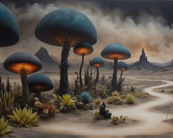 Surreal Landscape with Blue Mushrooms and Unique Plants