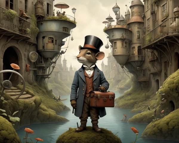 Steampunk City with Distinguished Mouse in Suit