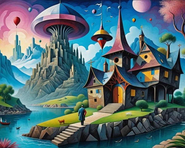 Vibrant Fairytale Landscape with Fantasy House and River