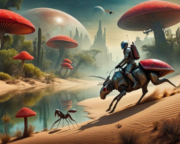 Futuristic Rider on Mechanical Beetle in Alien Landscape
