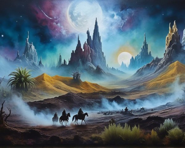 Otherworldly Landscape with Mountains and Silhouetted Figures
