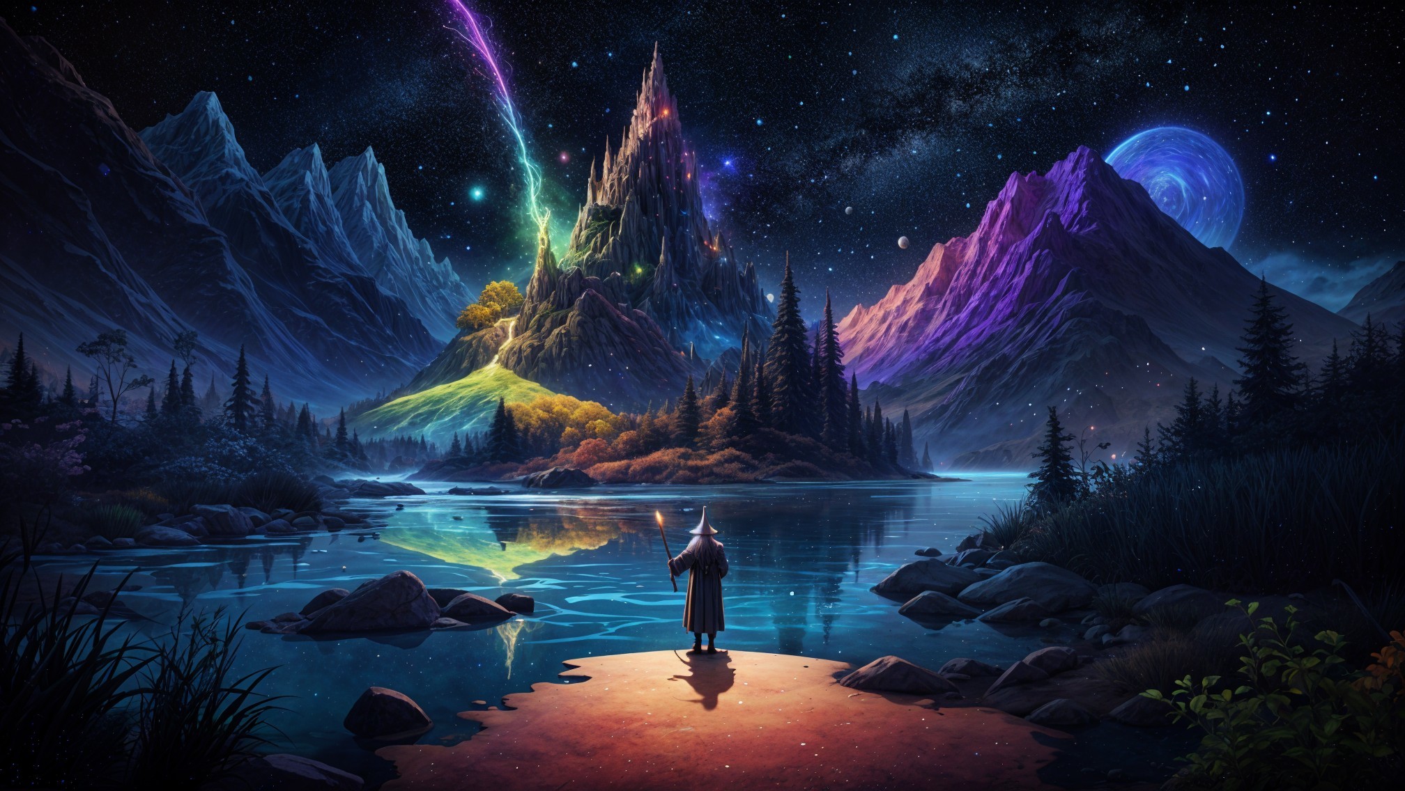 Mystical Landscape with Serene Lake and Mountains