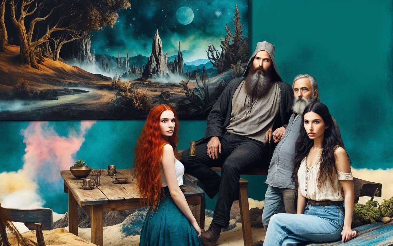 Surreal Scene with Four People in Fantastical Landscape
