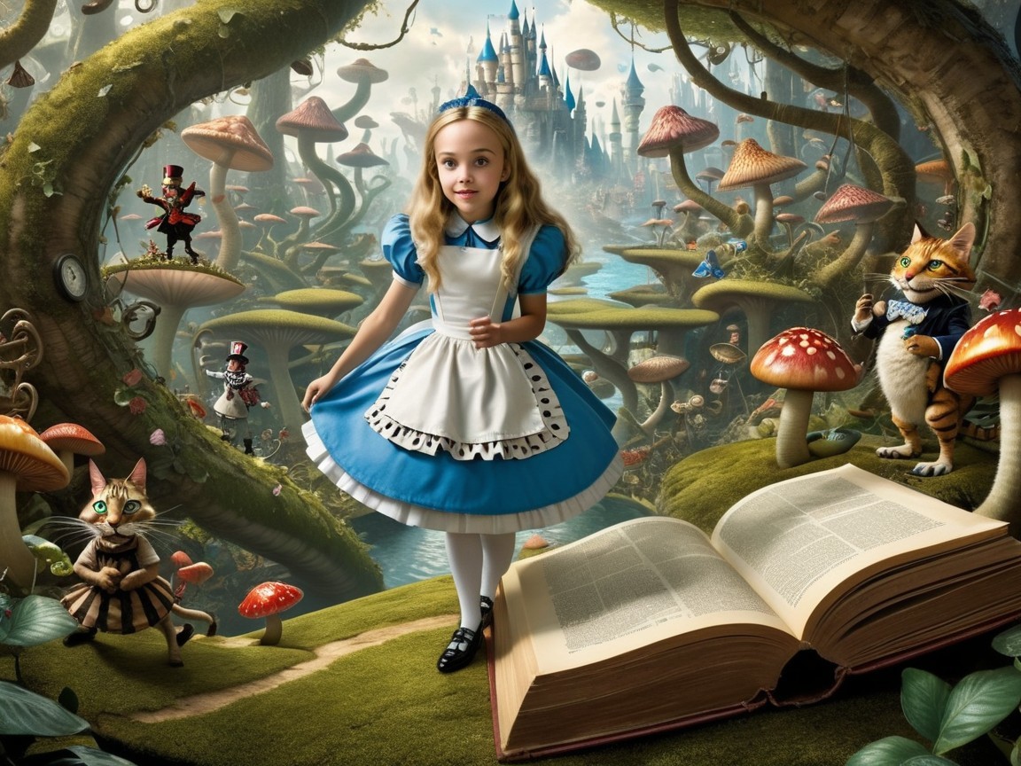 Whimsical Landscape with Alice and Fantasy Creatures