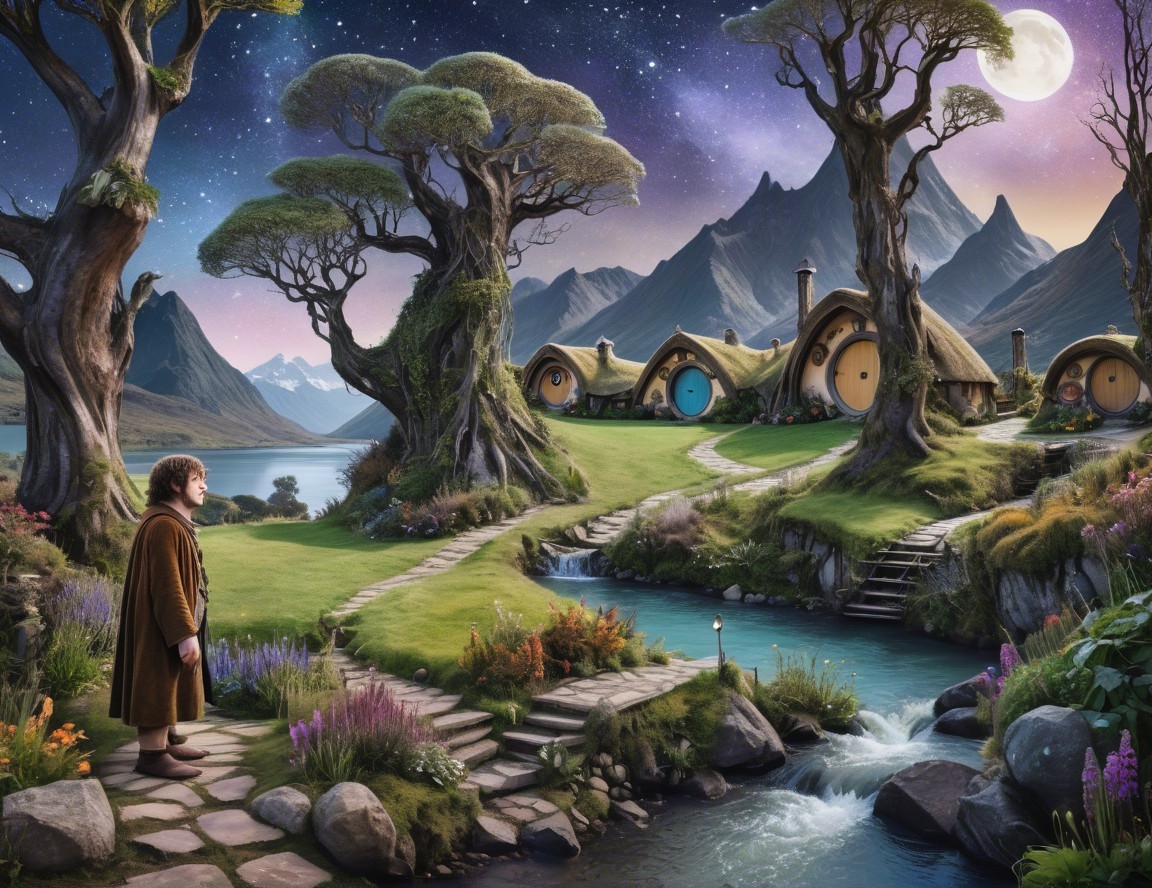 Tranquil Fantasy Landscape with Hobbit Homes and Stream