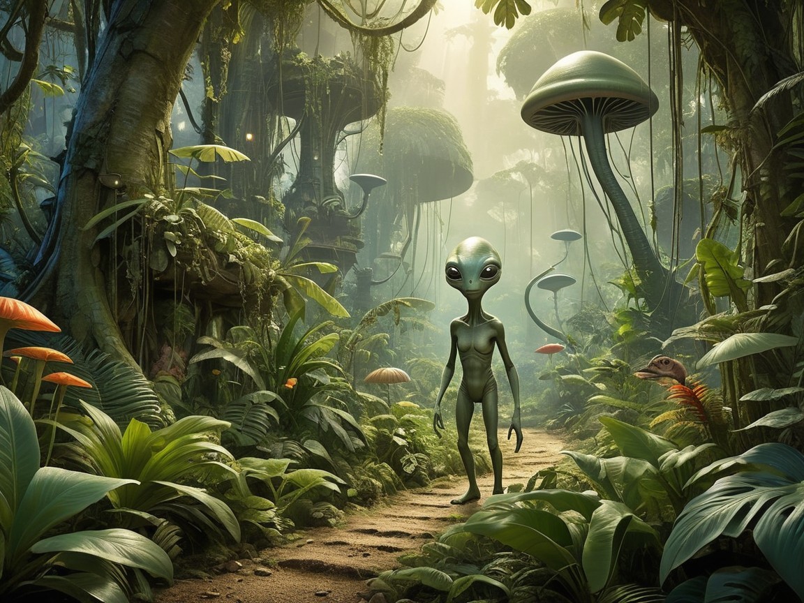 Alien in a Lush Jungle with Ethereal Mushrooms