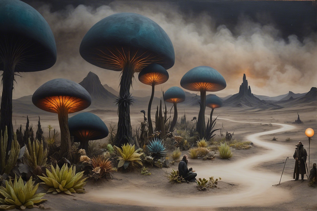 Surreal Landscape with Blue Mushrooms and Unique Plants