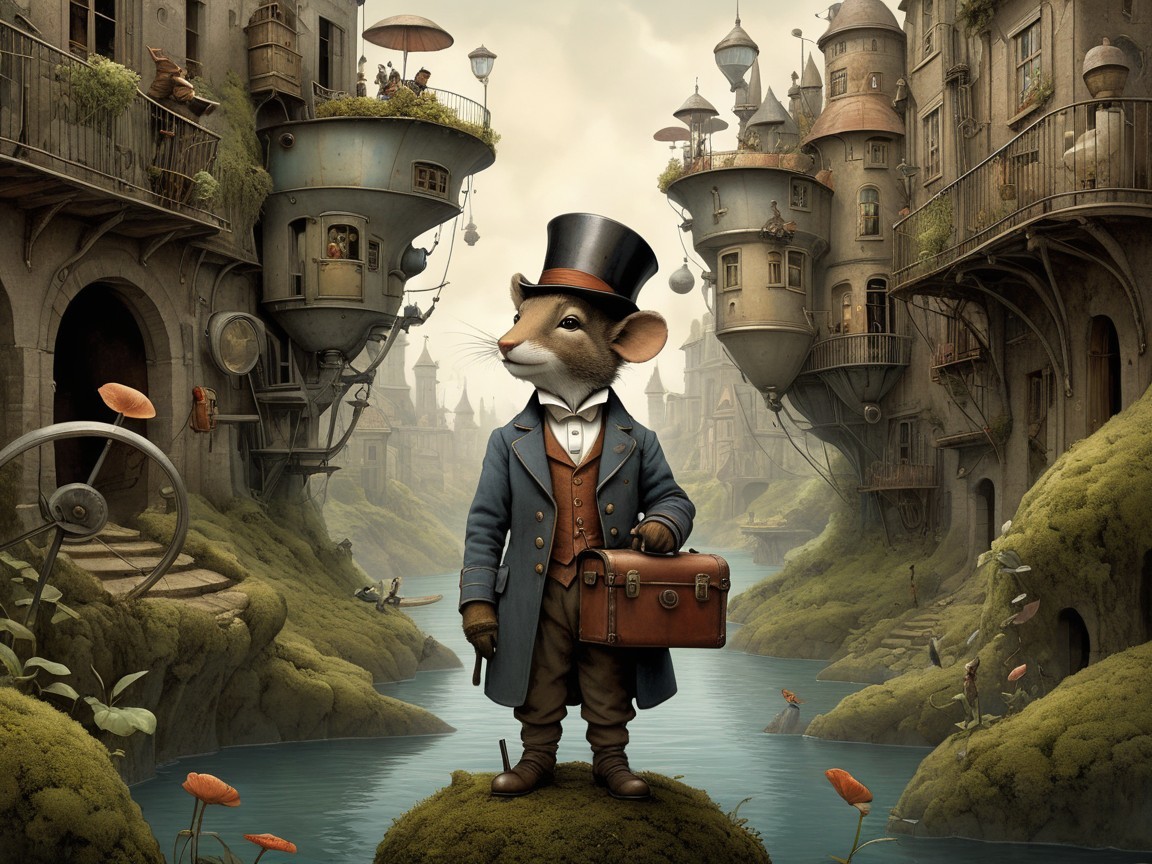 Steampunk City with Distinguished Mouse in Suit
