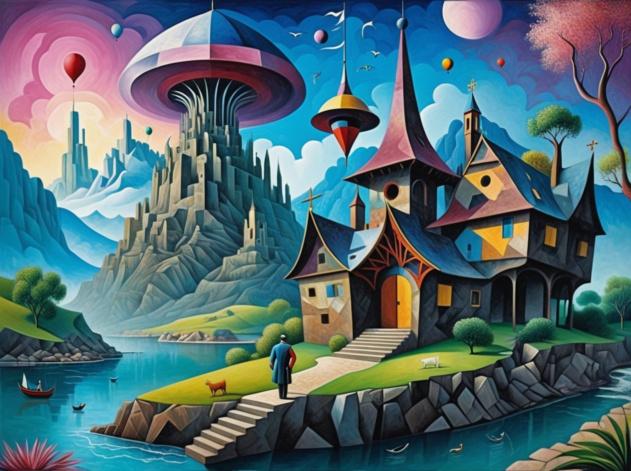 Vibrant Fairytale Landscape with Fantasy House and River