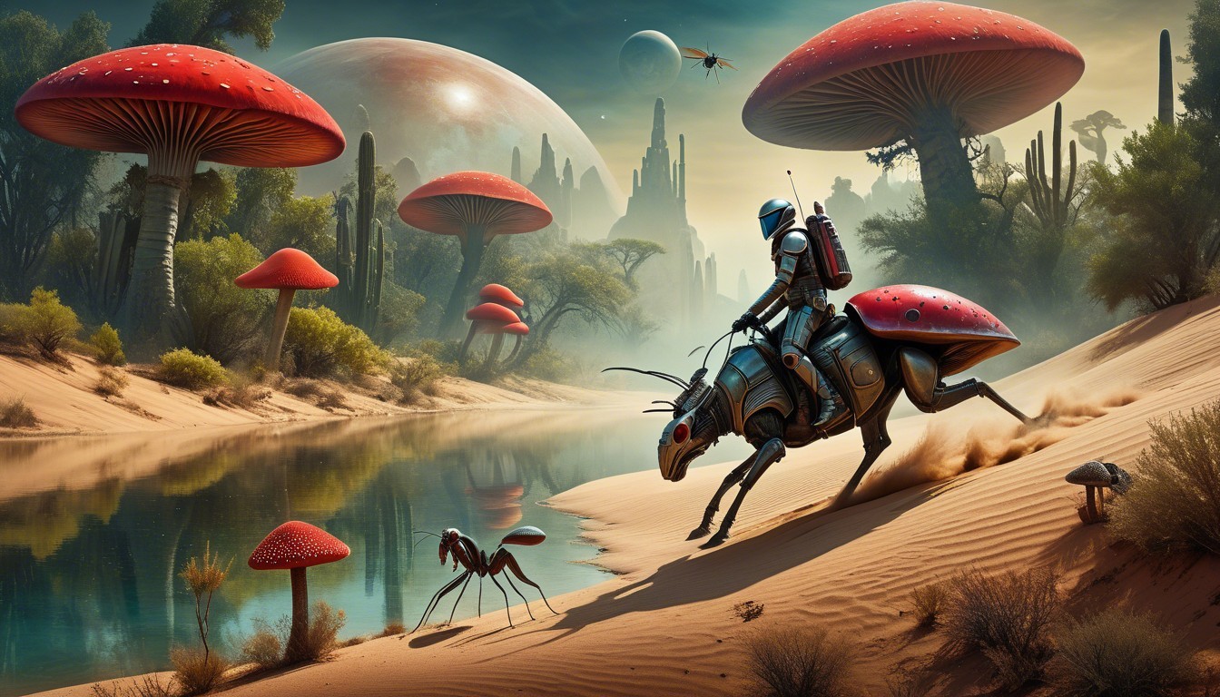 Futuristic Rider on Mechanical Beetle in Alien Landscape