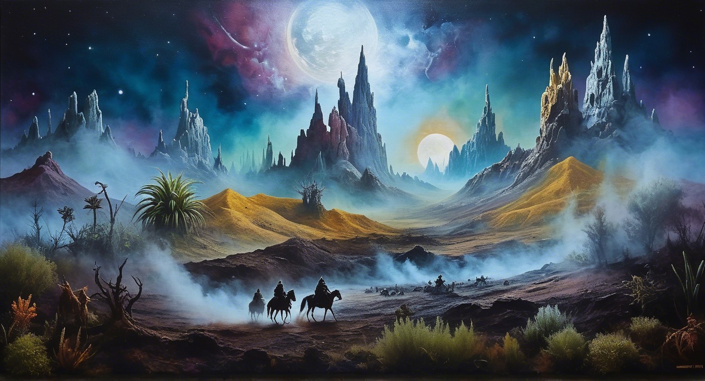 Otherworldly Landscape with Mountains and Silhouetted Figures