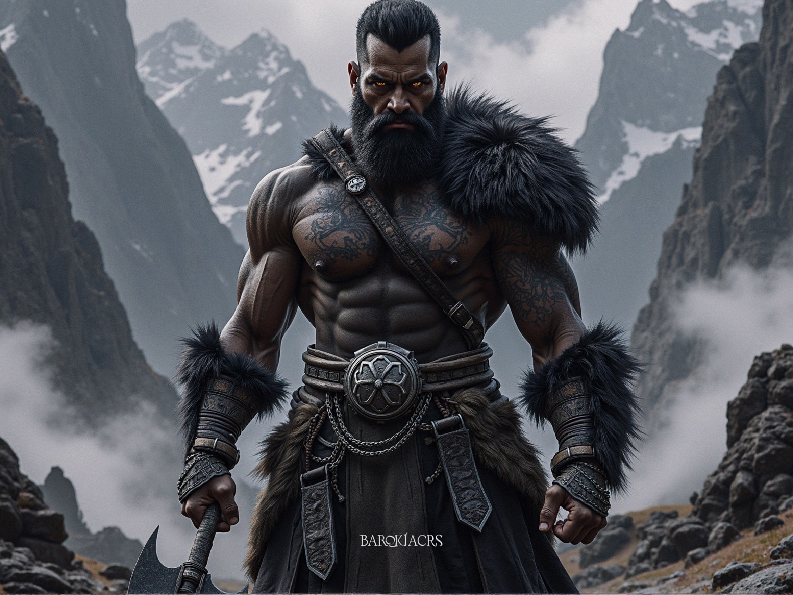 Muscular Warrior in Rugged Mountainous Landscape