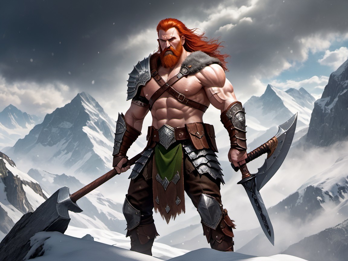 Muscular Warrior in Snowy Mountain Landscape with Axe