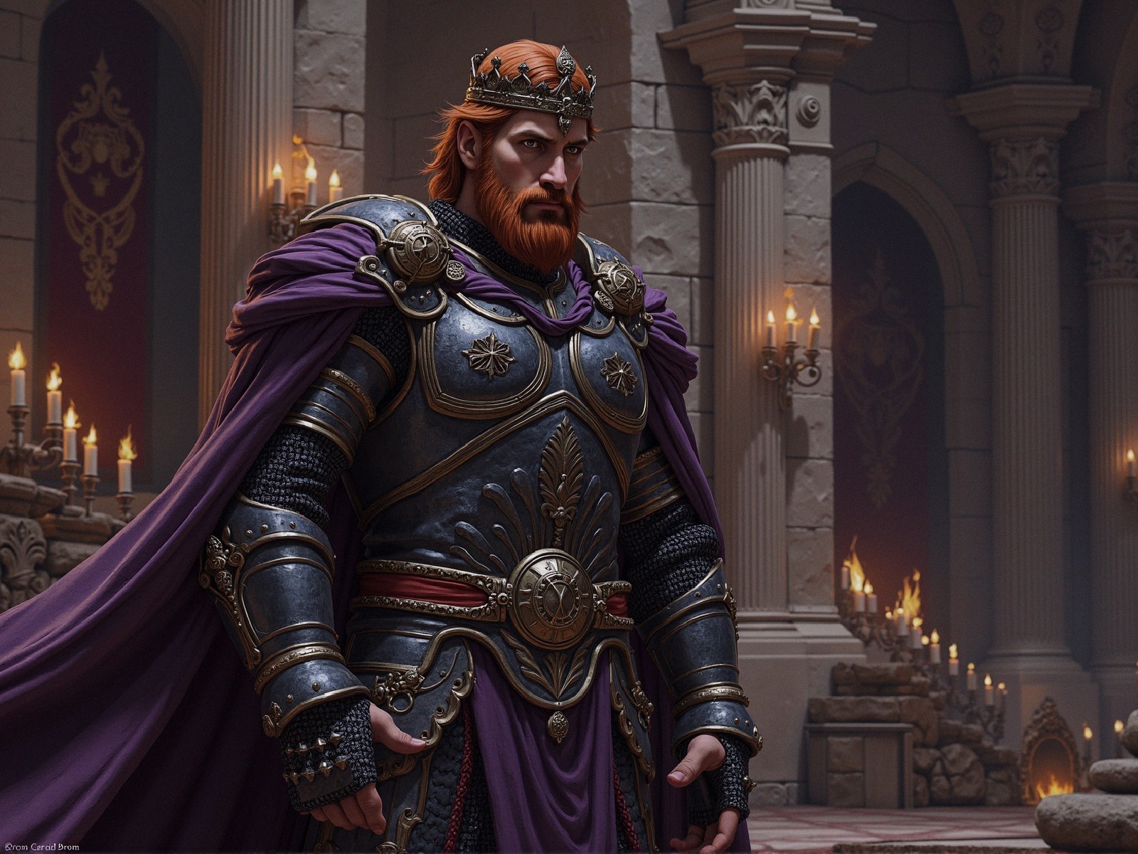 Regal figure in ornate armor within grand castle hall