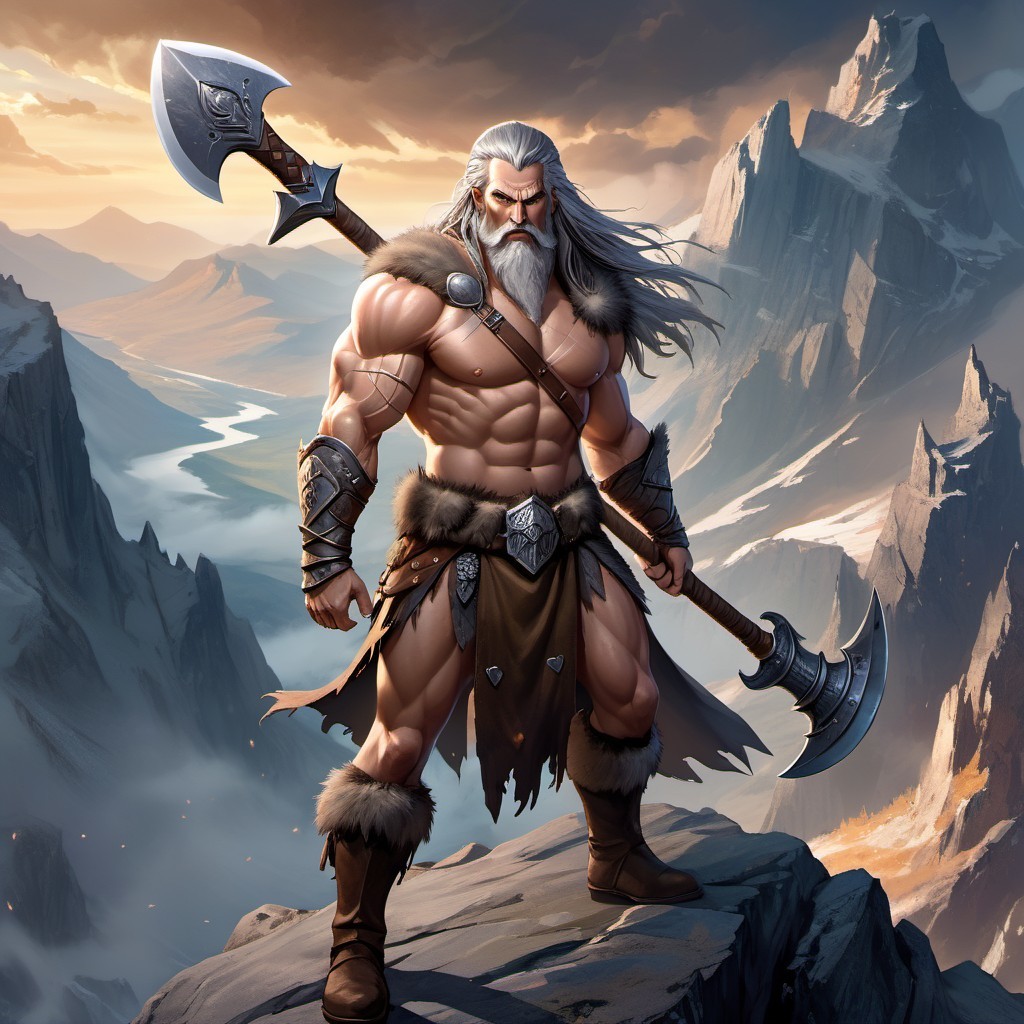 Muscular Warrior with Axe on Rocky Outcrop at Sunset