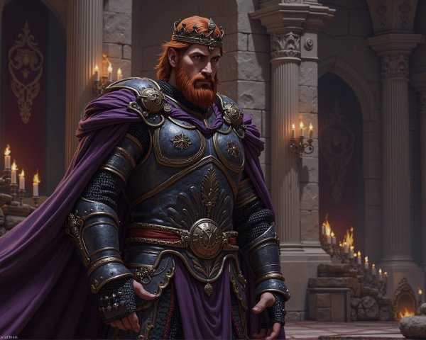Regal figure in ornate armor within grand castle hall